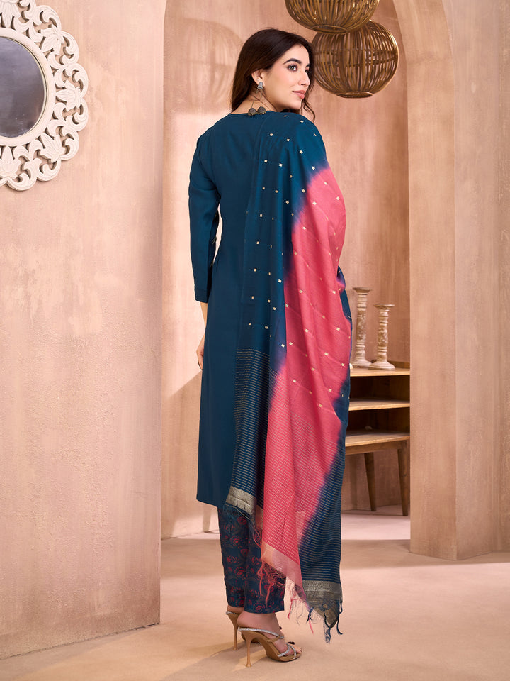 Blue Floral Embroidered Suit Set