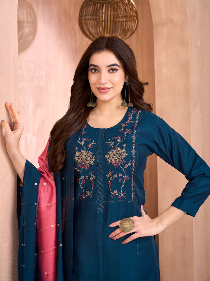 Blue Floral Embroidered Suit Set
