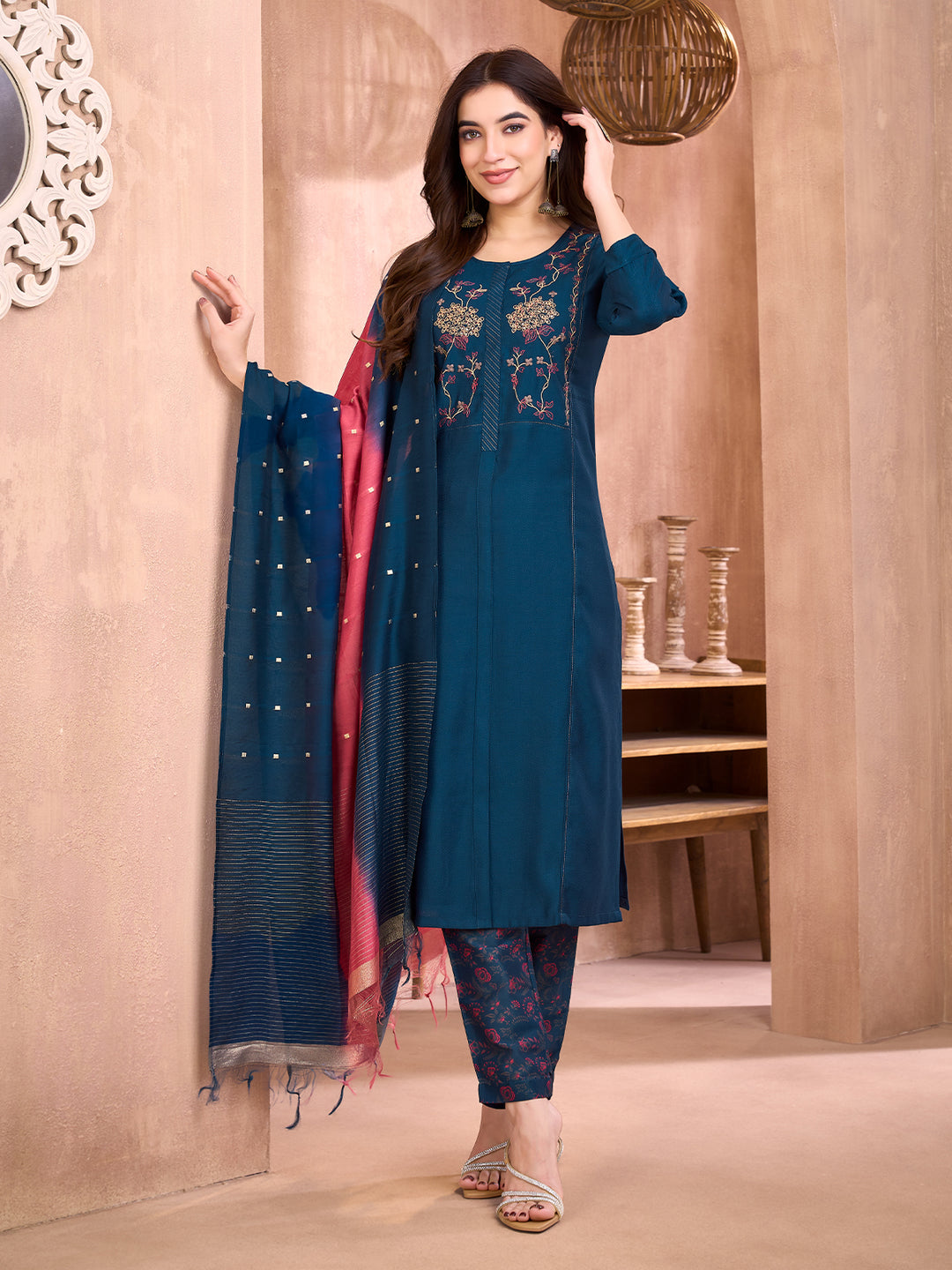 Blue Floral Embroidered Suit Set