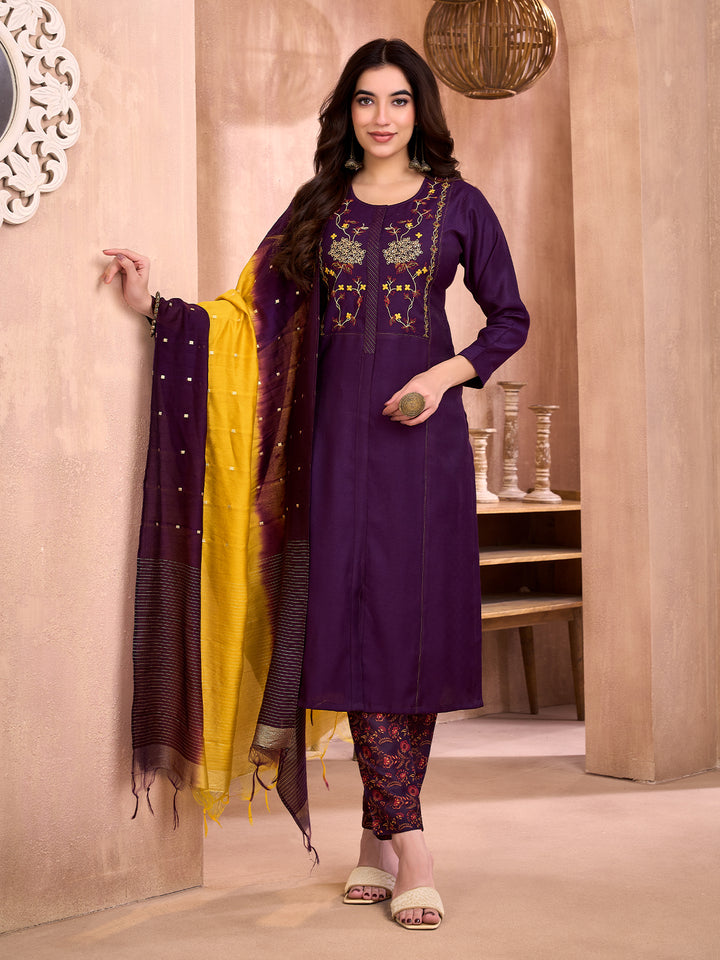 Deep Purple Floral Embroidered Suit Set