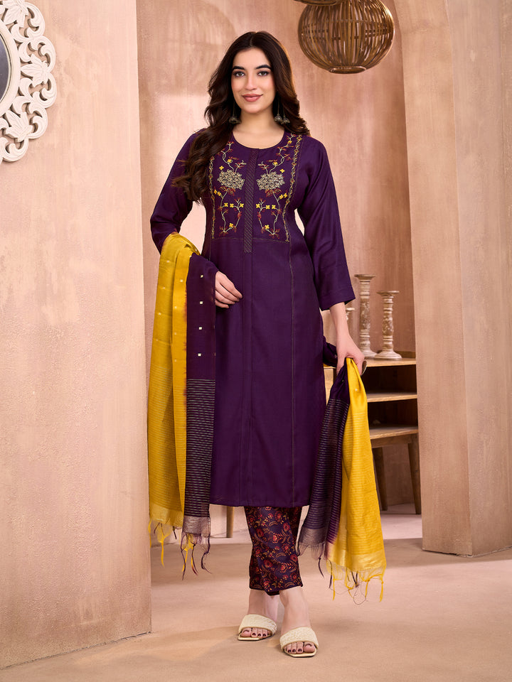 Deep Purple Floral Embroidered Suit Set