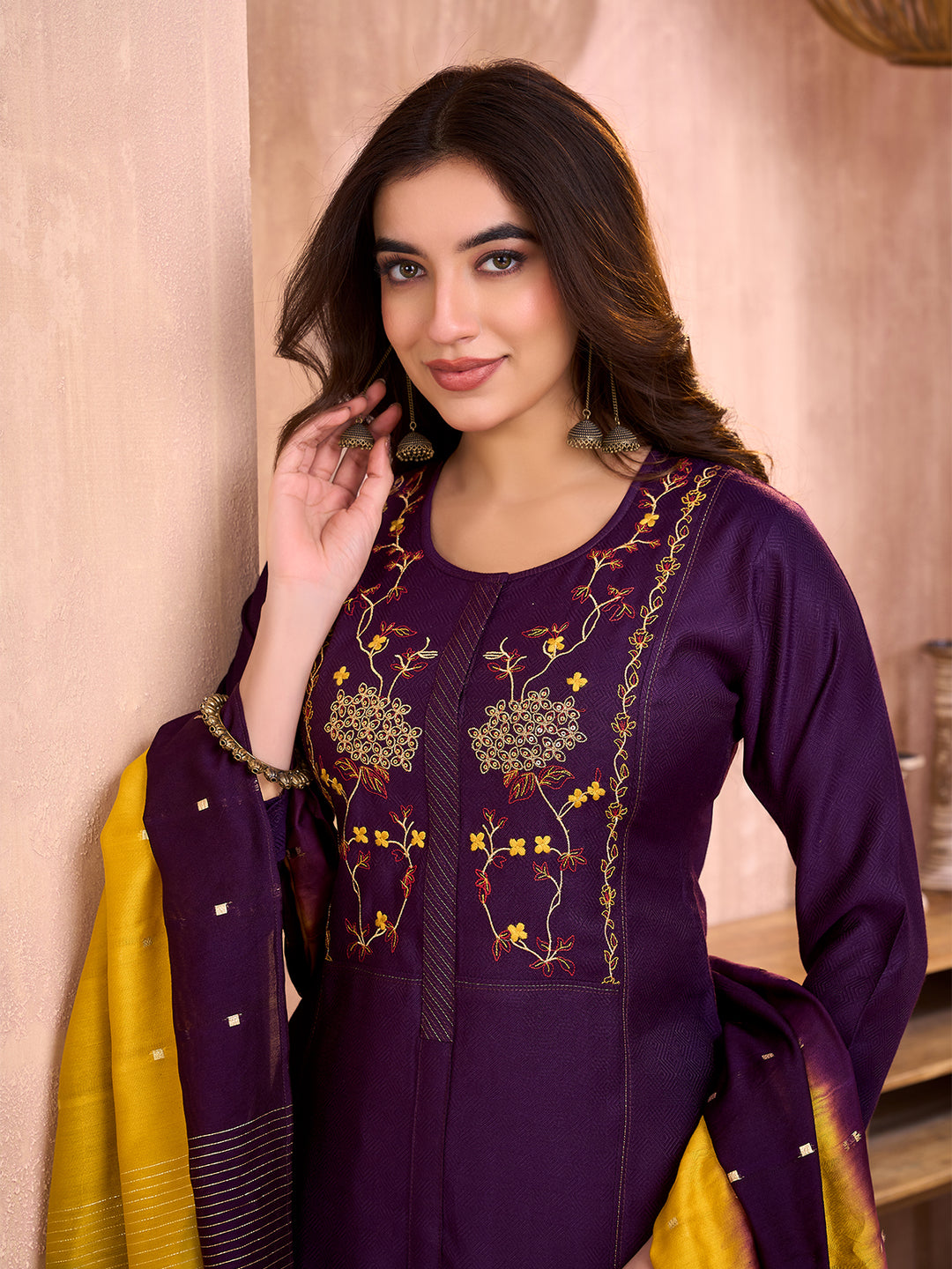 Deep Purple Floral Embroidered Suit Set