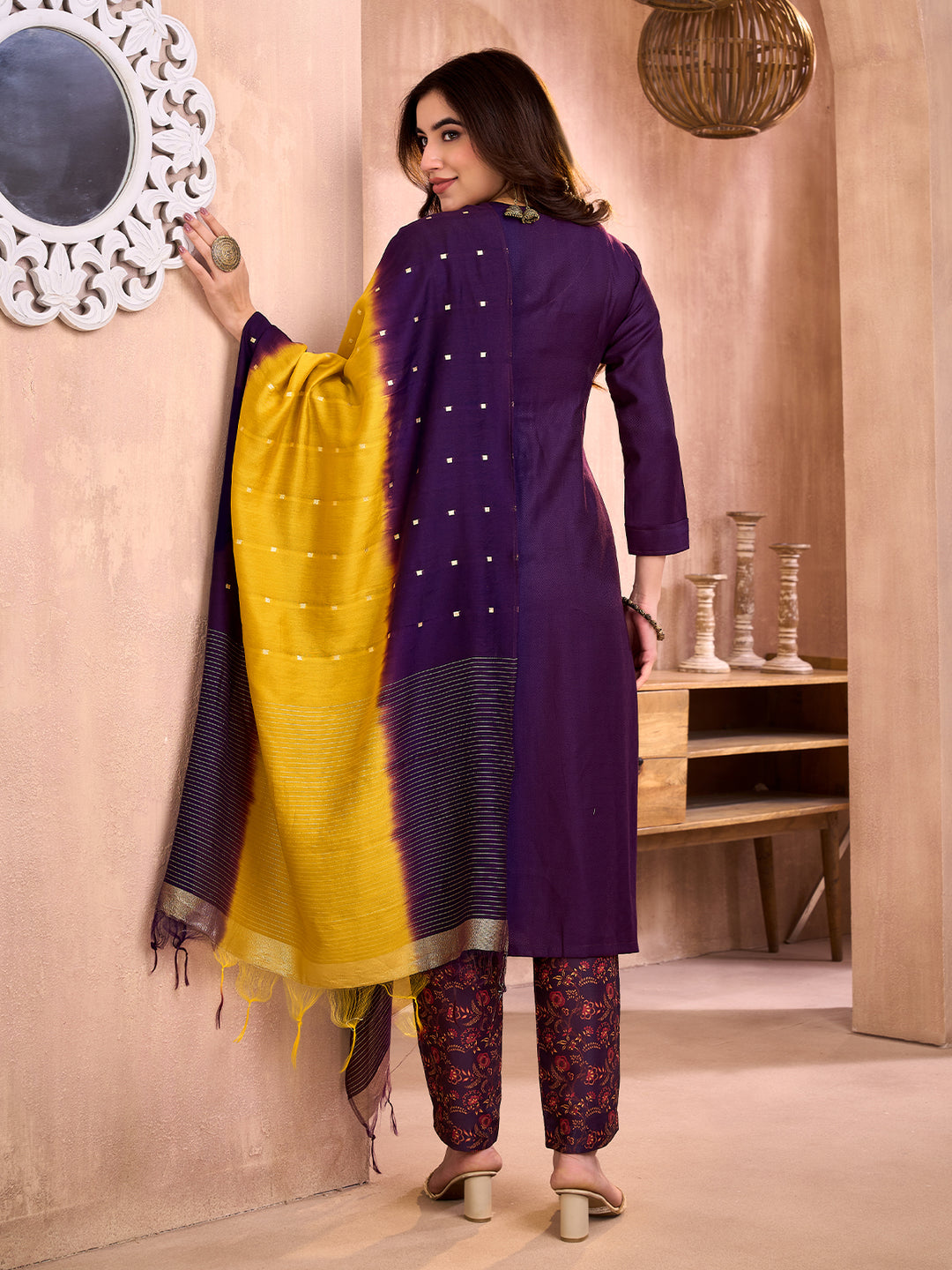 Deep Purple Floral Embroidered Suit Set