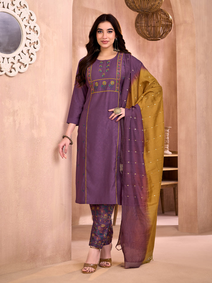 Purple Embroidered Suit Set