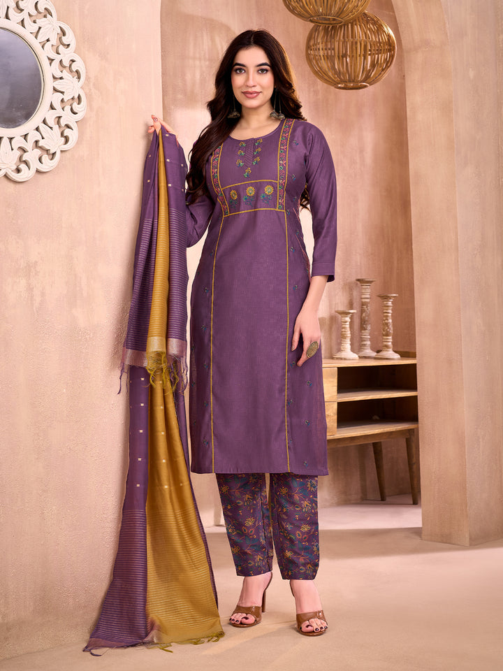 Purple Embroidered Suit Set