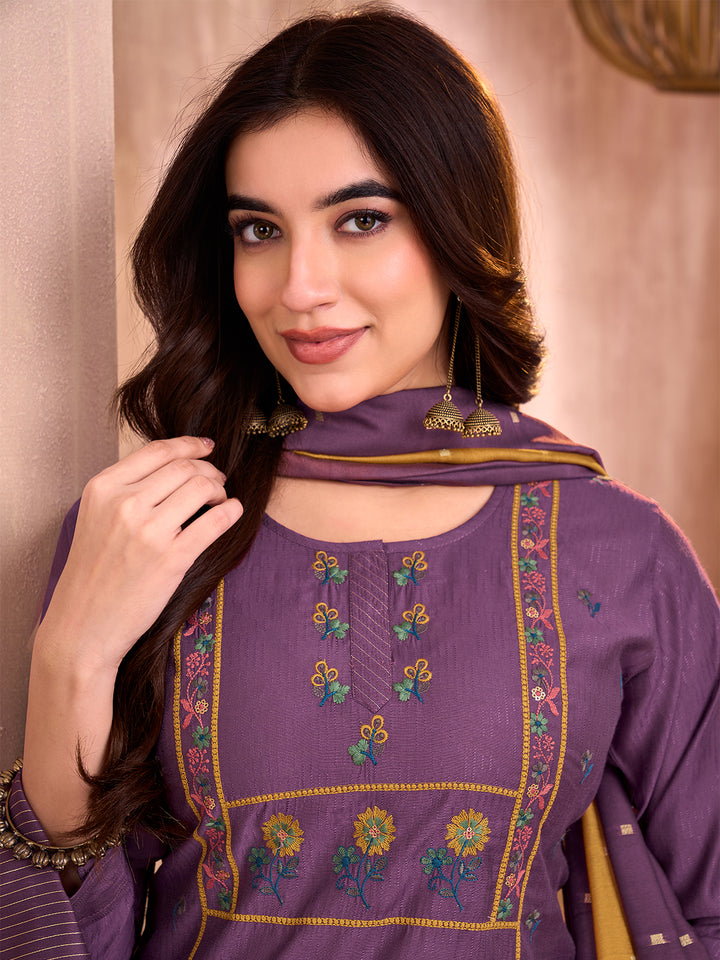 Purple Embroidered Suit Set