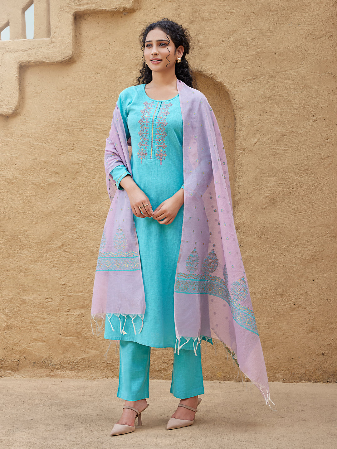 Aqua Blue Woven Cotton Suit Set