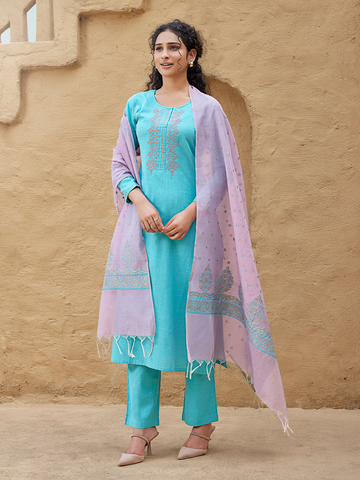 Aqua Blue Woven Cotton Suit Set