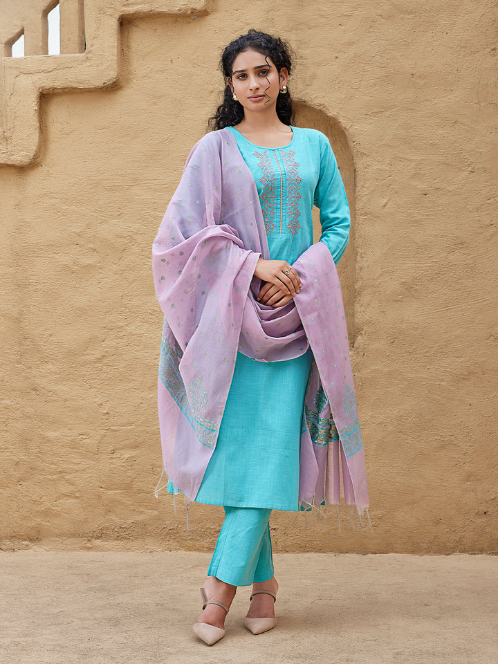 Aqua Blue Woven Cotton Suit Set