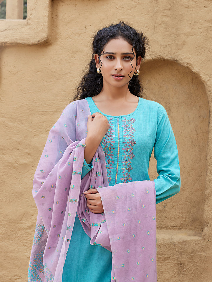 Aqua Blue Woven Cotton Suit Set