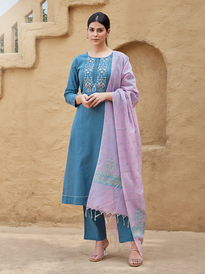 Steel Blue Woven Cotton Suit Set
