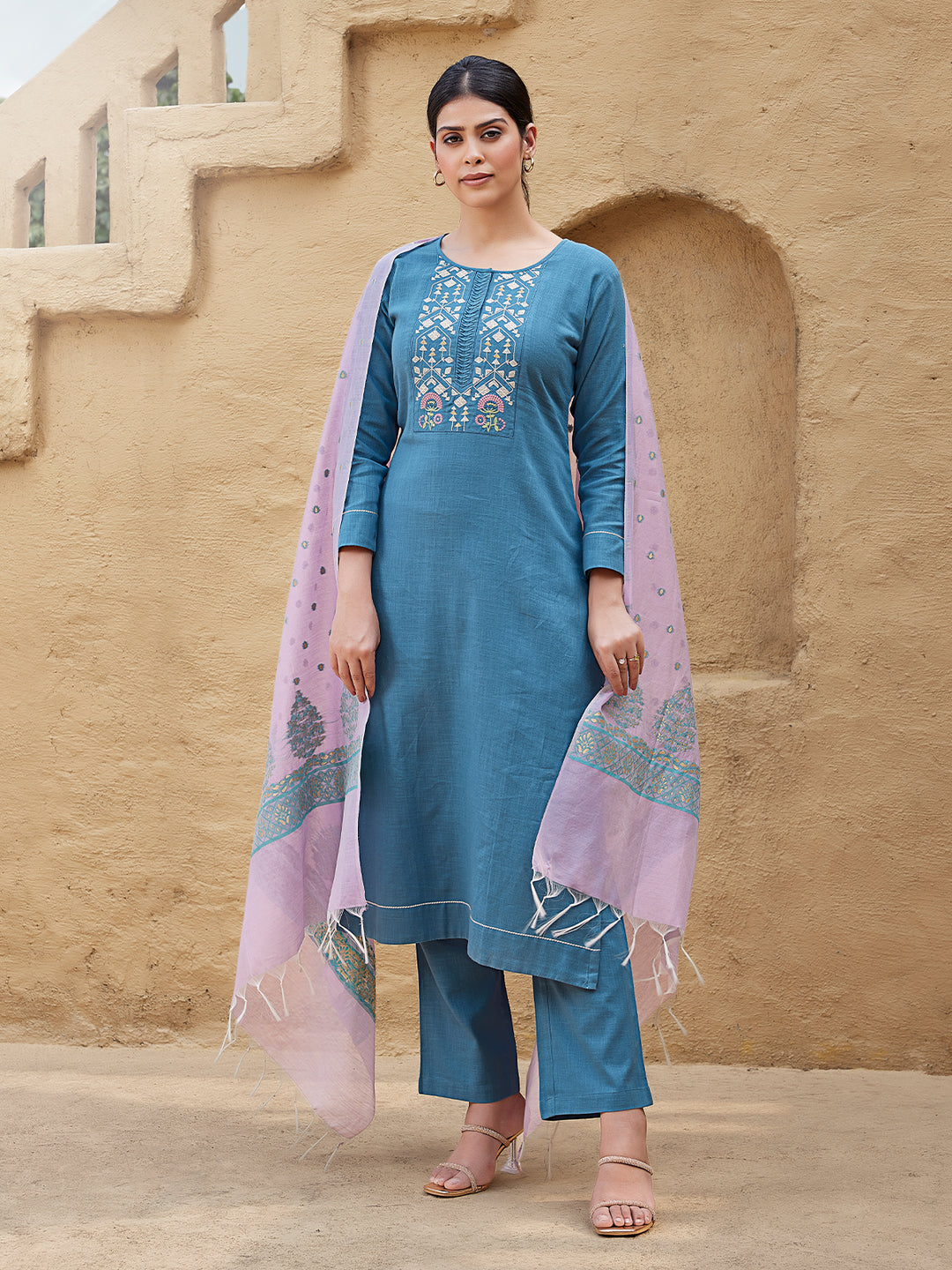 Steel Blue Woven Cotton Suit Set