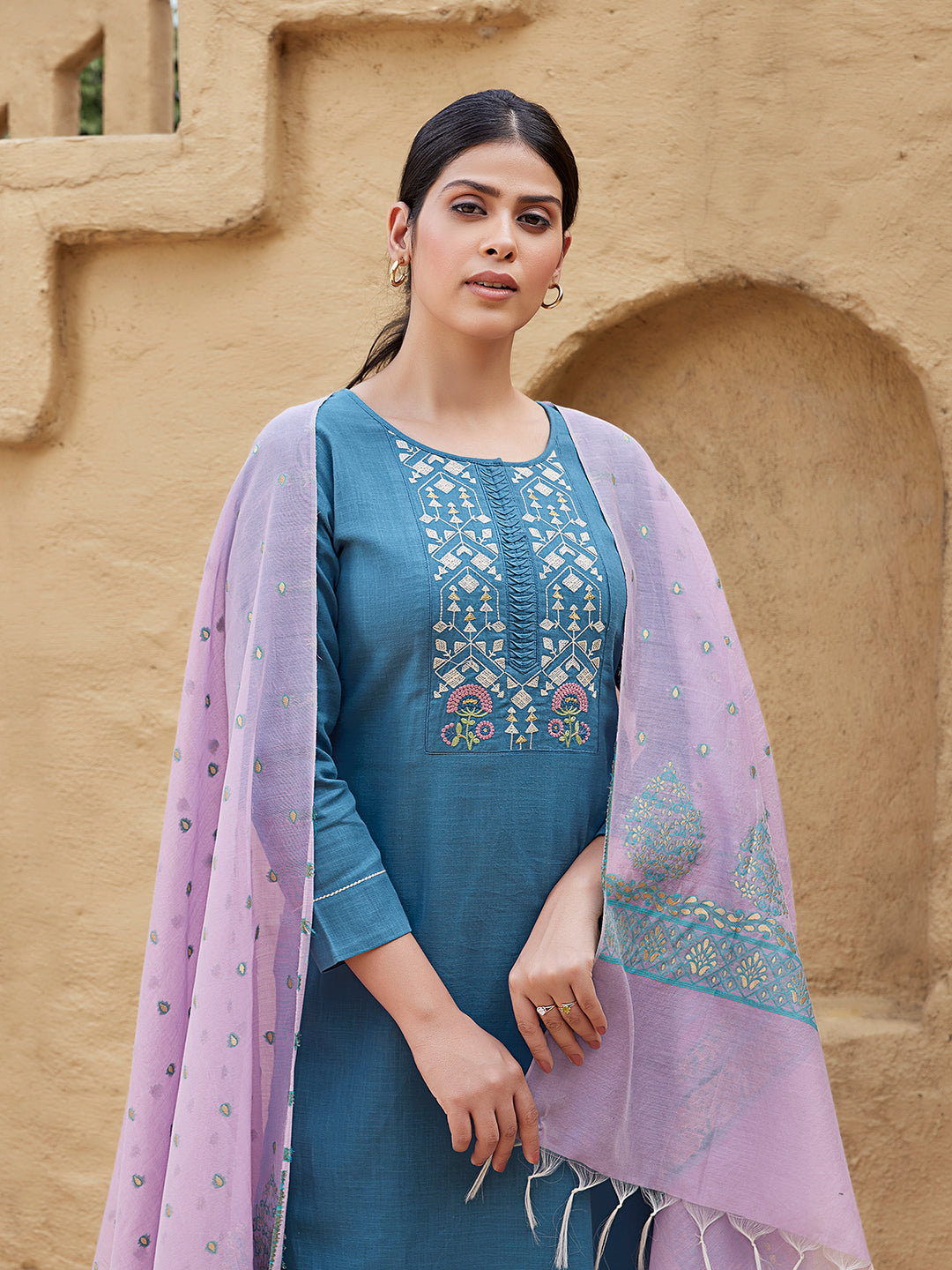 Steel Blue Woven Cotton Suit Set