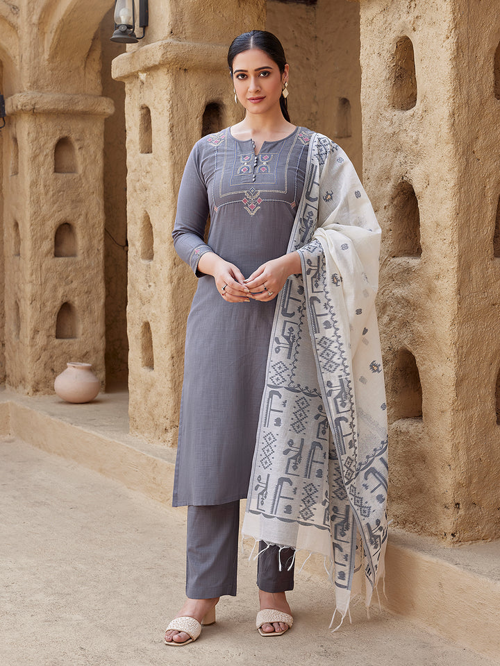 Ash Grey Woven Cotton Suit Set