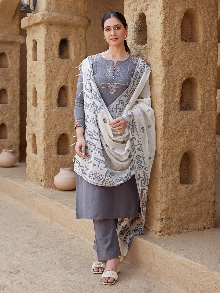 Ash Grey Woven Cotton Suit Set