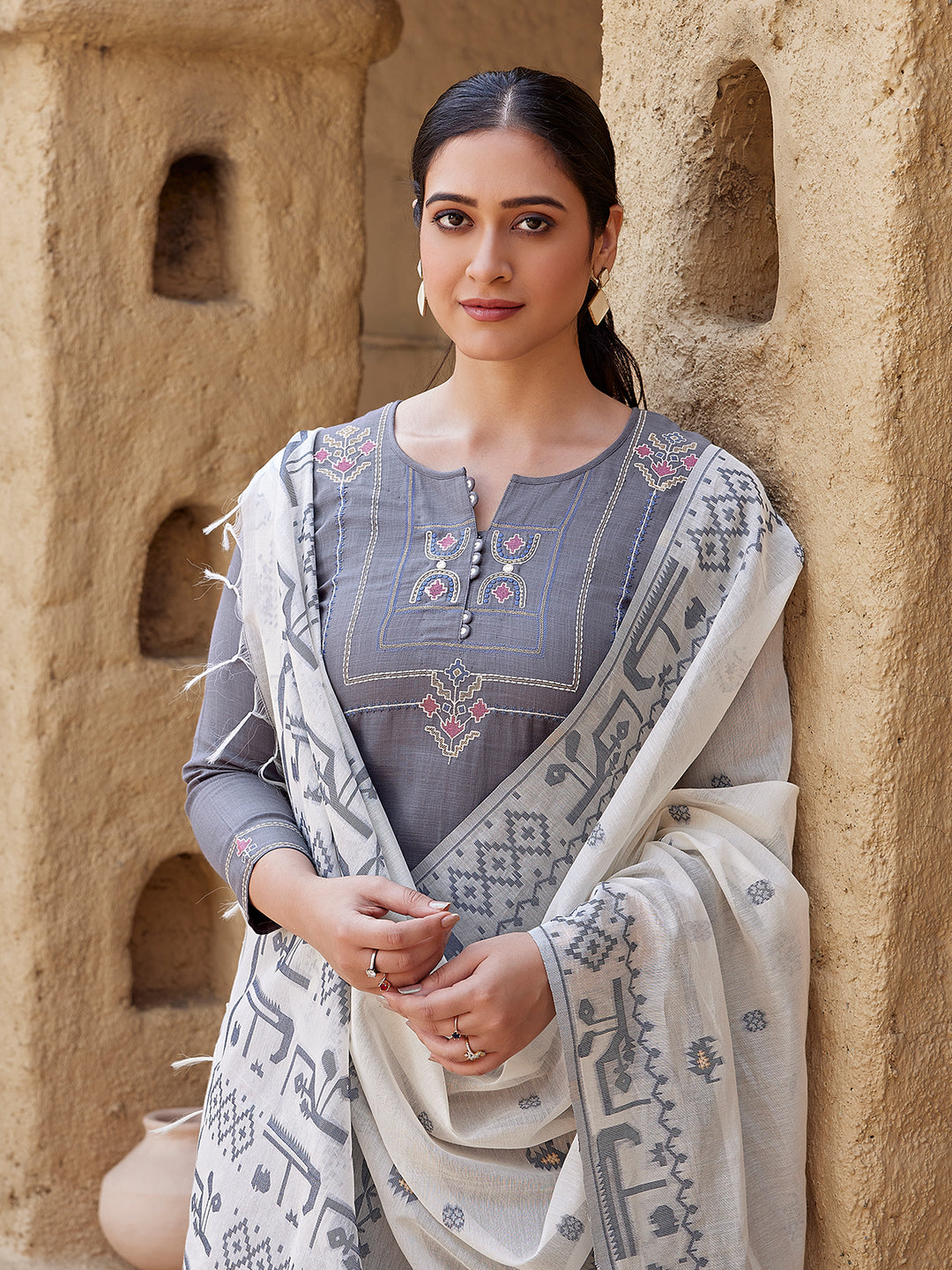 Ash Grey Woven Cotton Suit Set