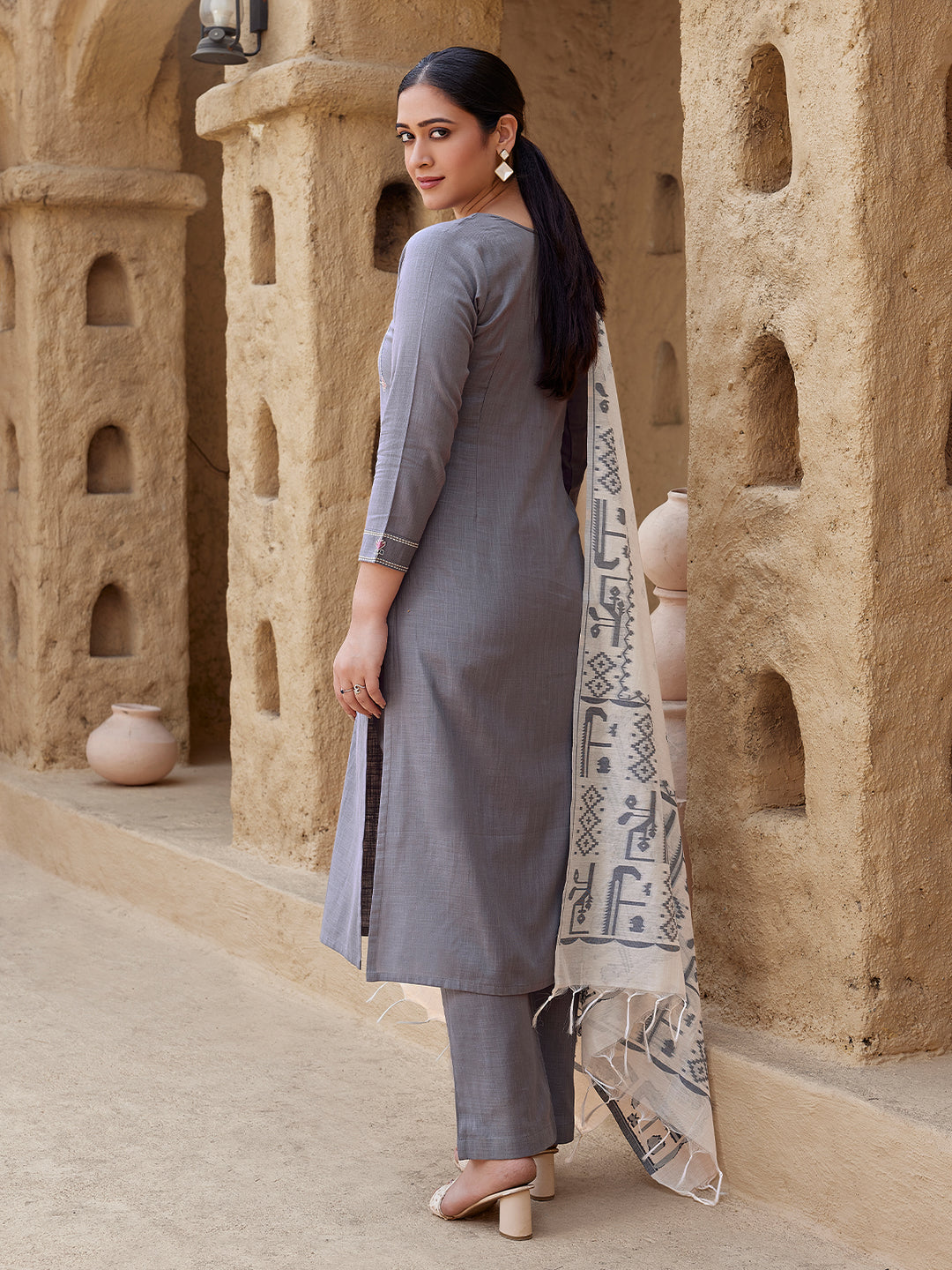 Ash Grey Woven Cotton Suit Set