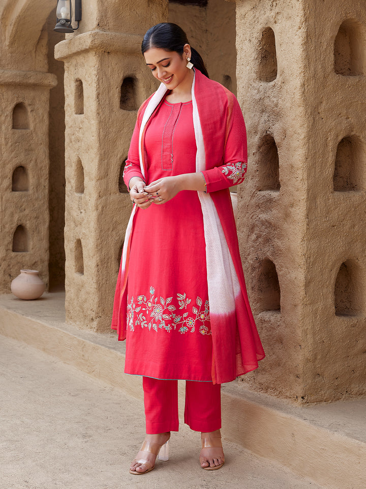 Hibiscus Red Woven Cotton Suit Set