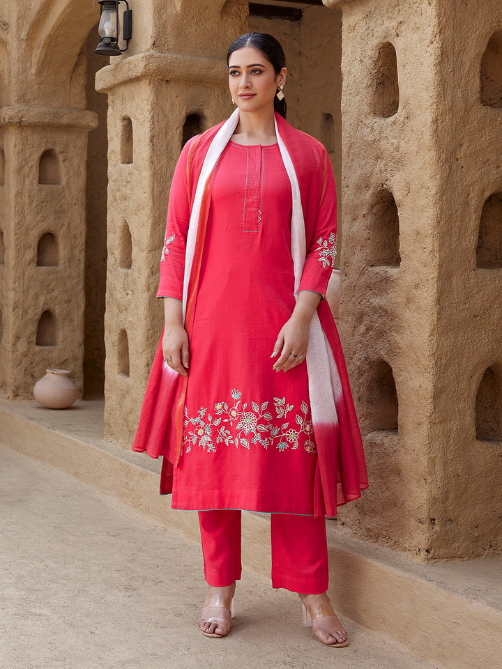Hibiscus Red Woven Cotton Suit Set
