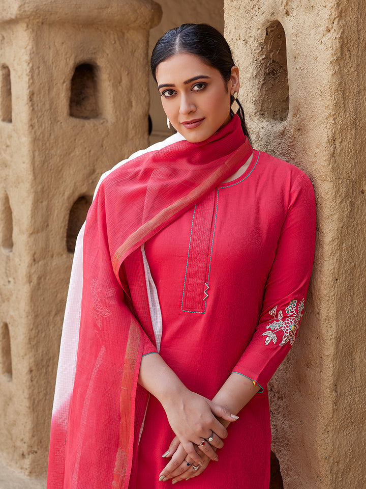 Hibiscus Red Woven Cotton Suit Set
