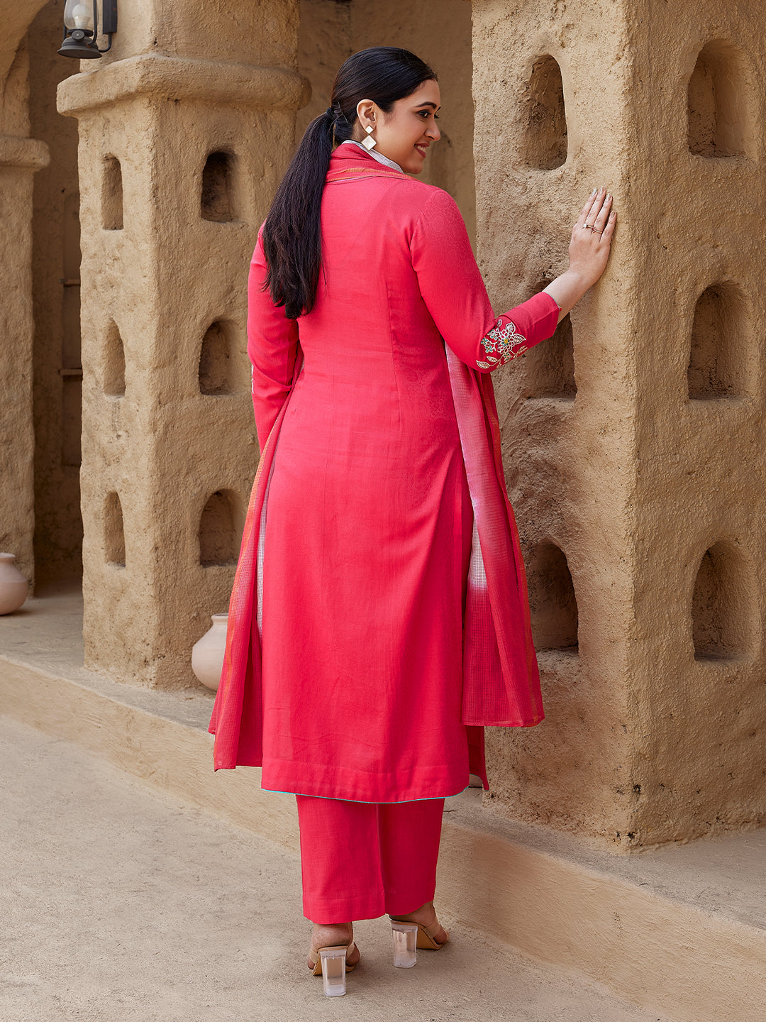 Hibiscus Red Woven Cotton Suit Set