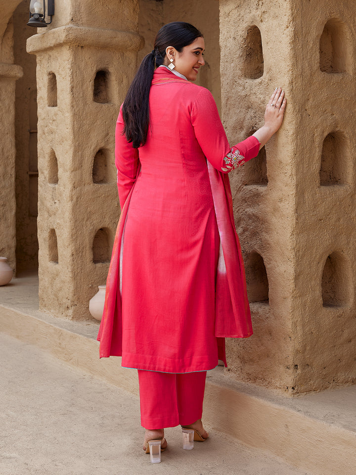 Hibiscus Red Woven Cotton Suit Set