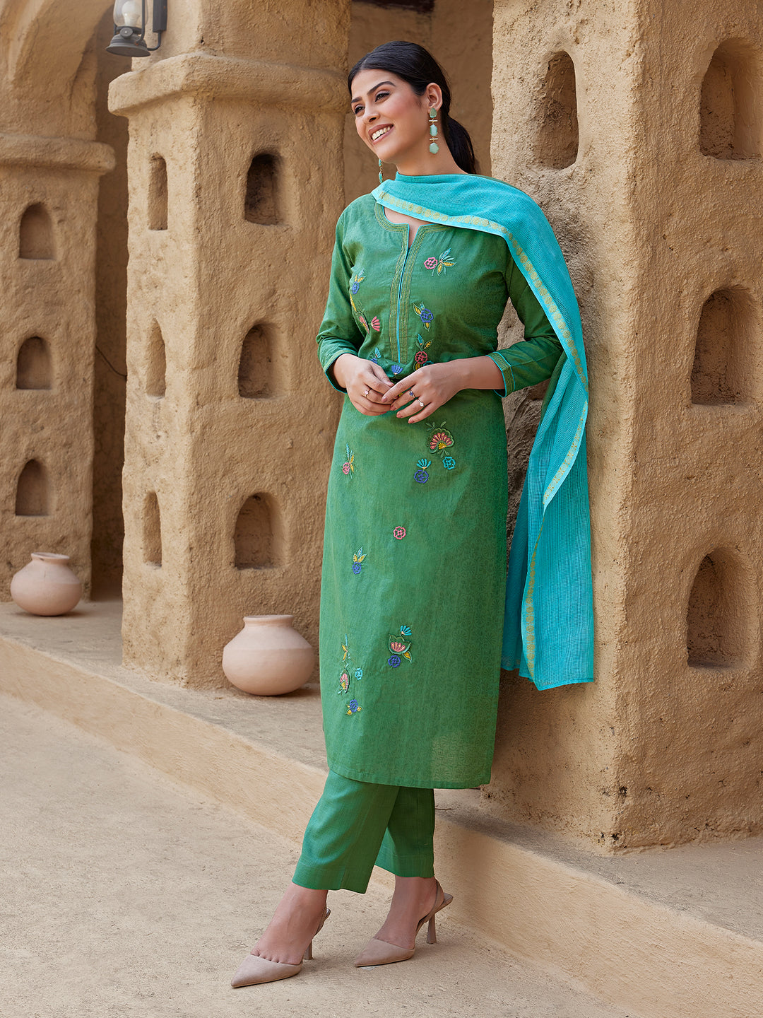 Leaf Green Woven Cotton Suit Set