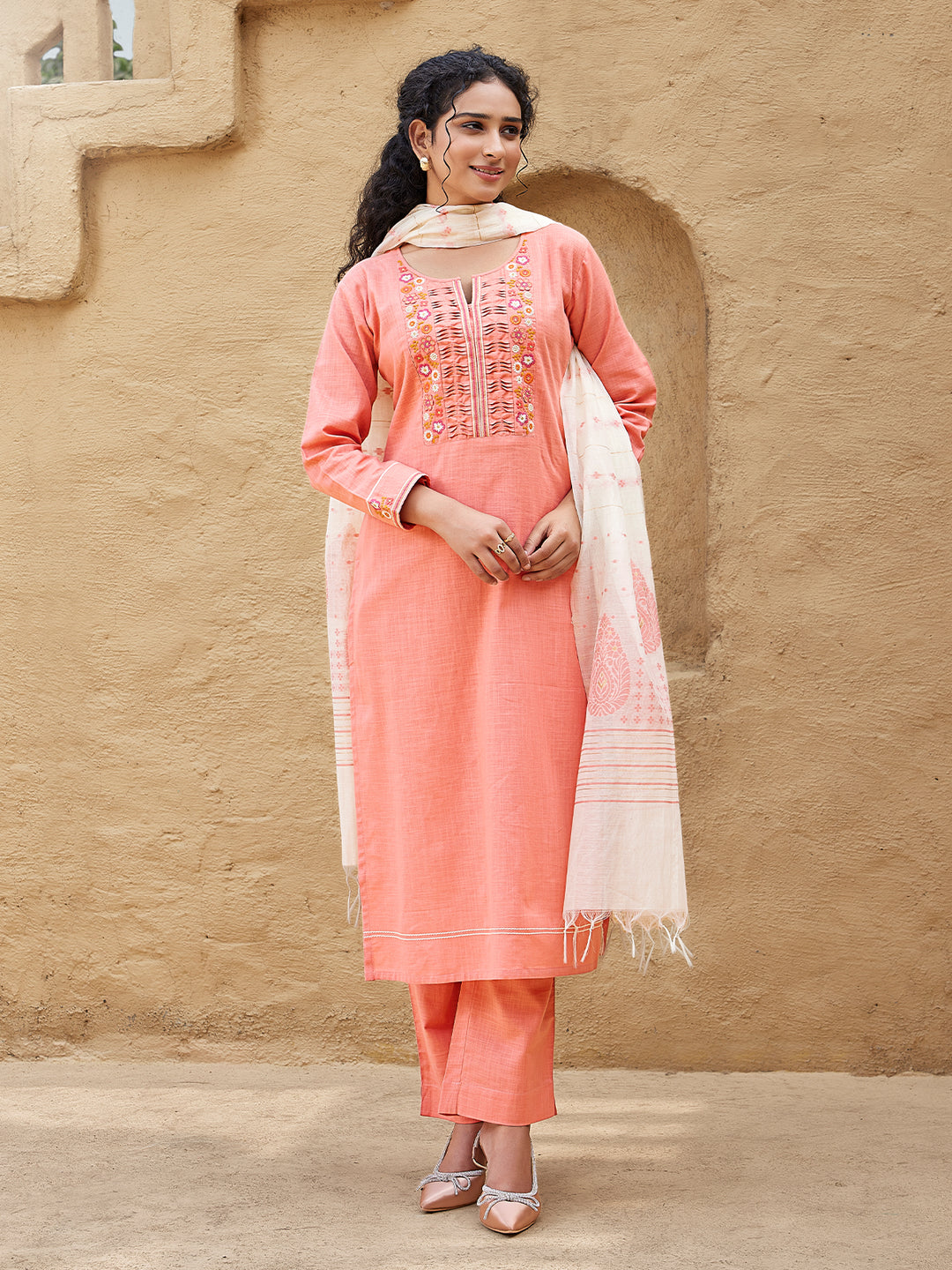 Peach Woven Cotton Suit Set