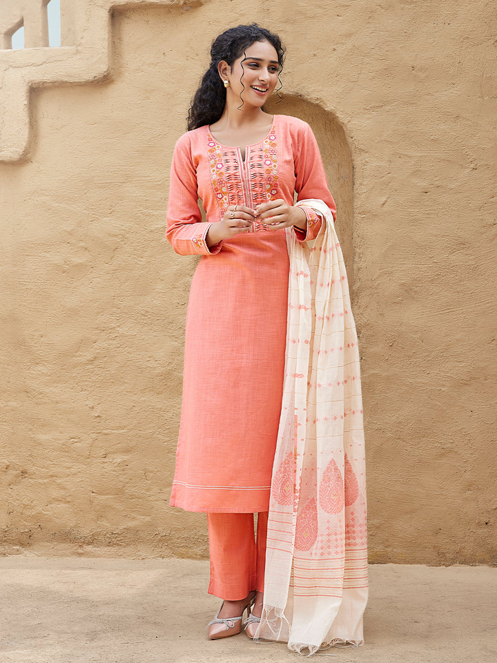 Peach Woven Cotton Suit Set