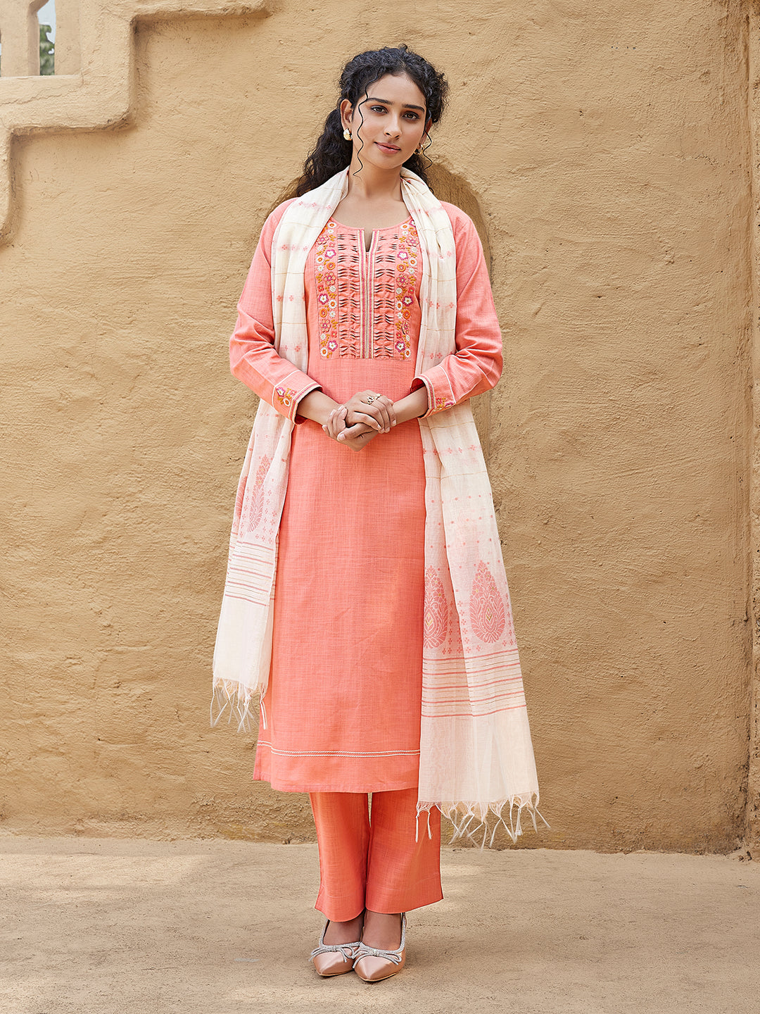 Peach Woven Cotton Suit Set