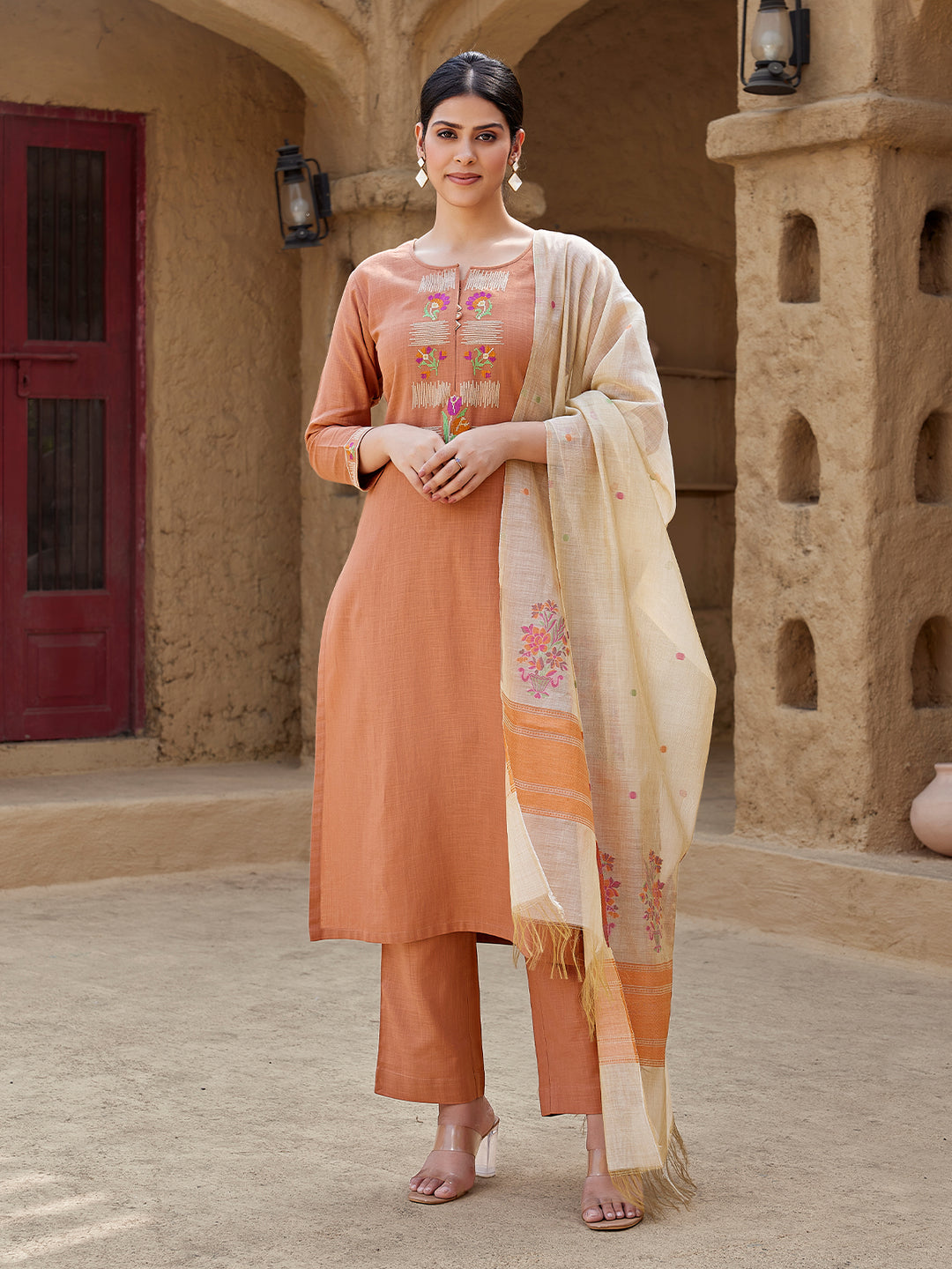 Rust Woven Cotton Suit Set