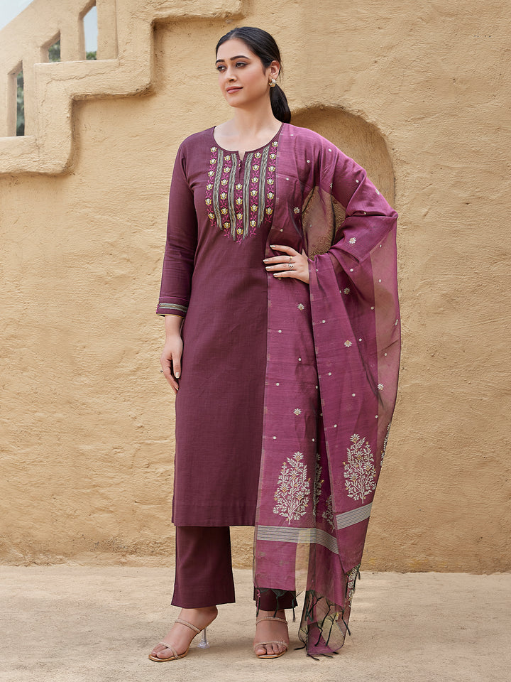 Wine Woven Cotton Suit Set