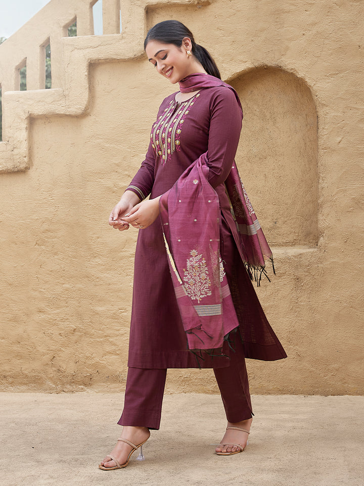Wine Woven Cotton Suit Set