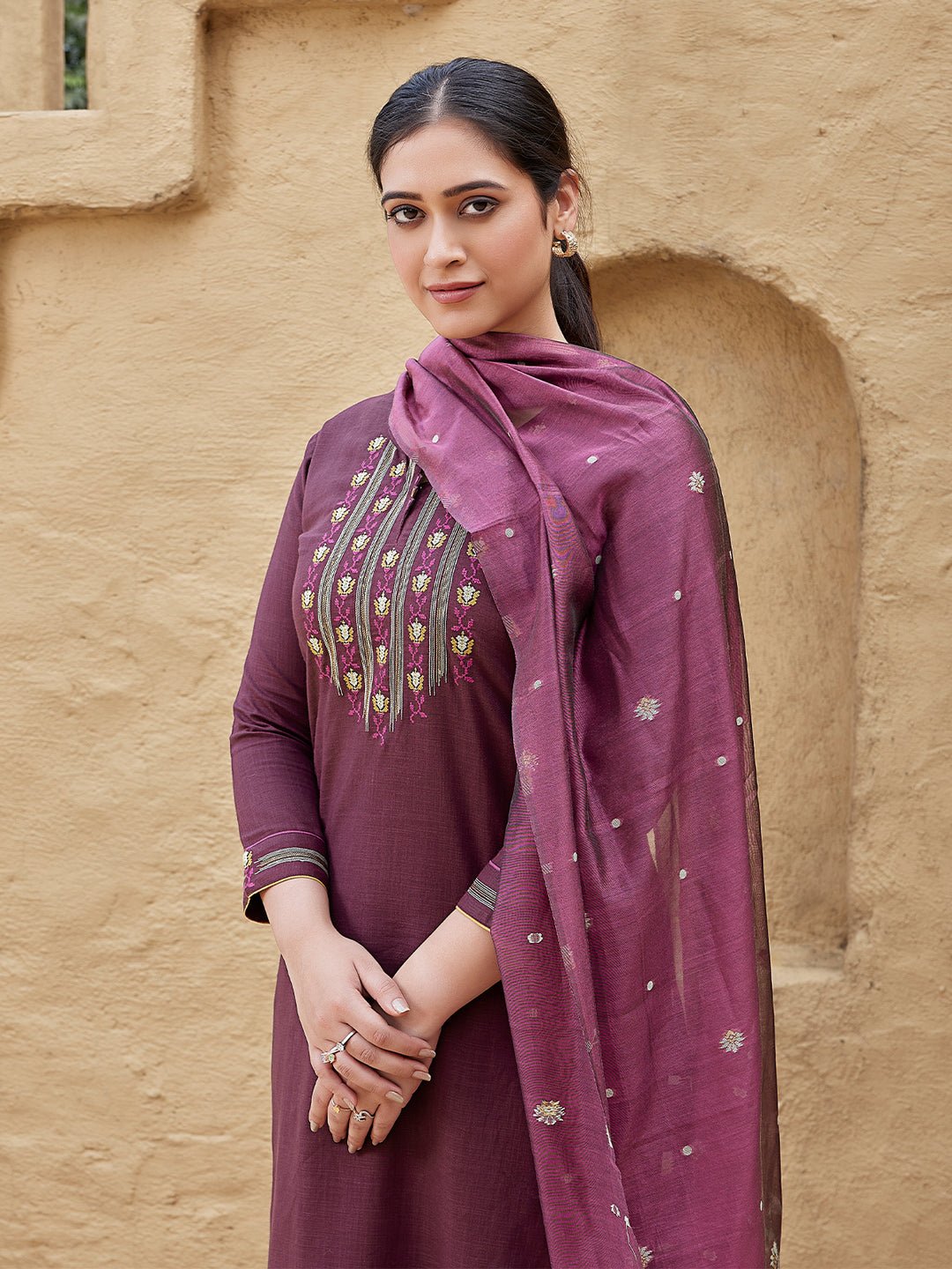 Wine Woven Cotton Suit Set