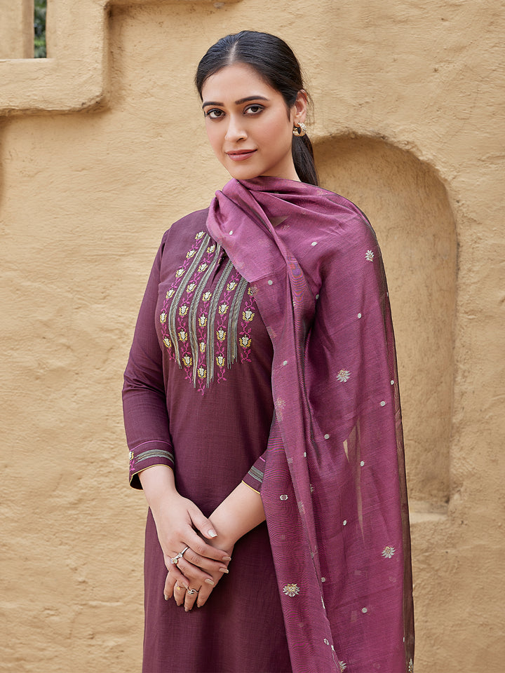 Wine Woven Cotton Suit Set