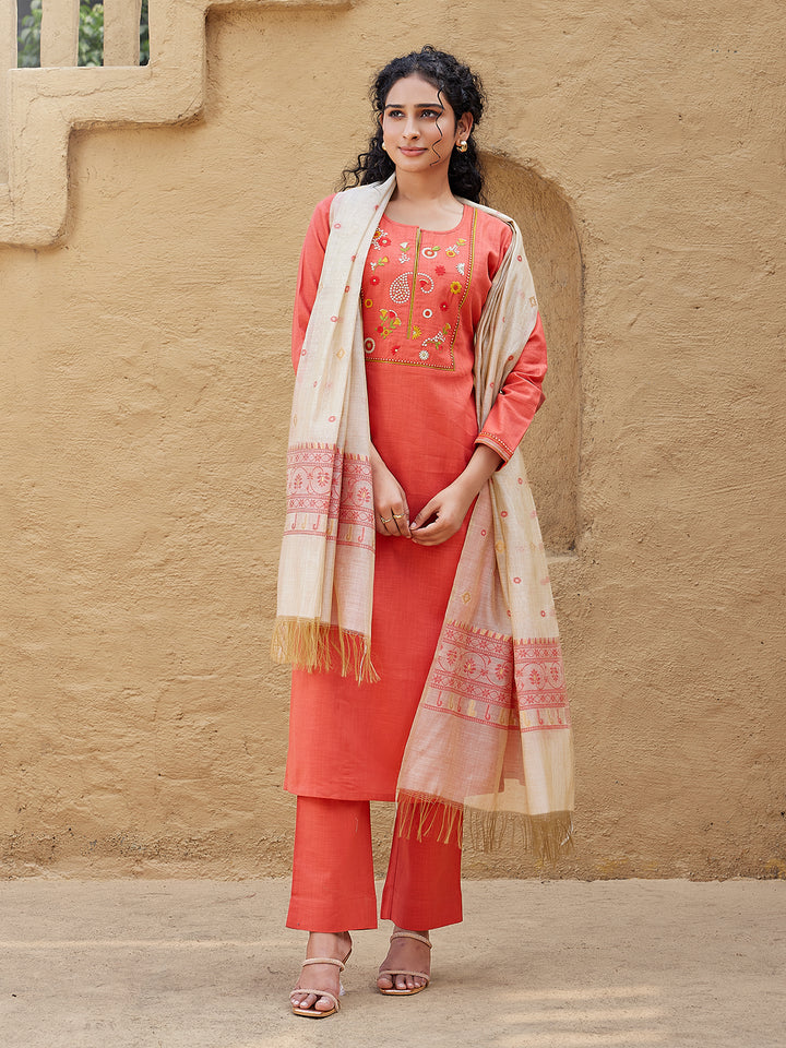 Coral Woven Cotton Suit Set