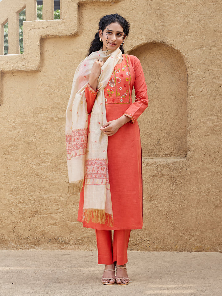 Coral Woven Cotton Suit Set