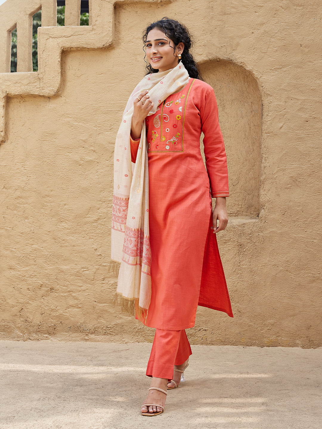Coral Woven Cotton Suit Set