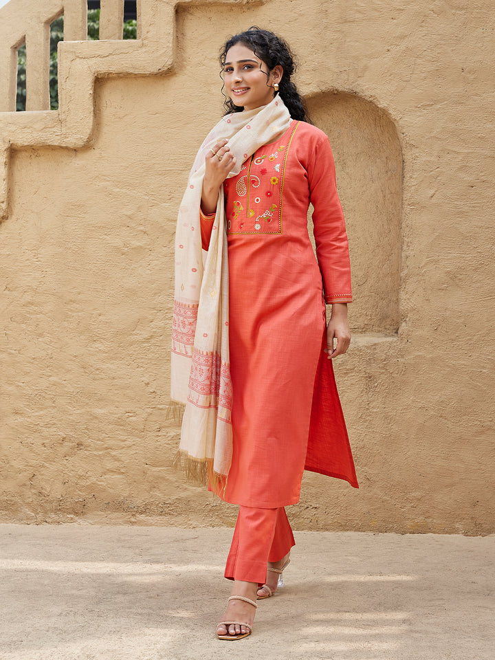Coral Woven Cotton Suit Set