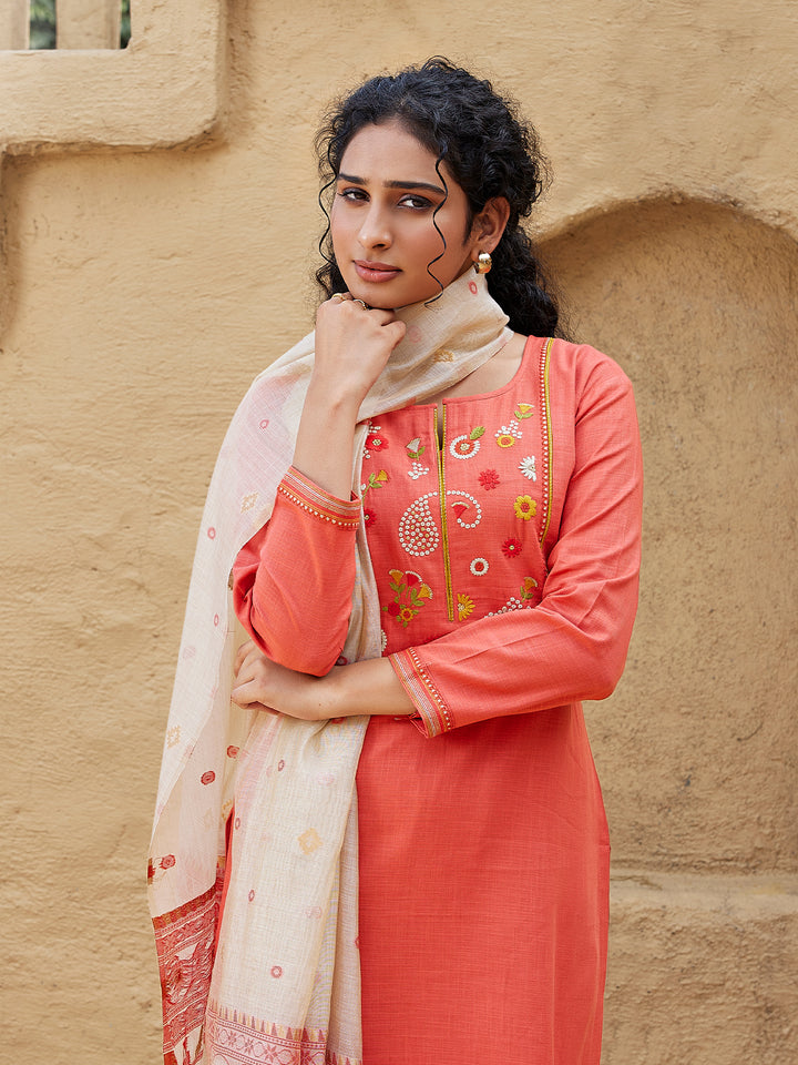 Coral Woven Cotton Suit Set