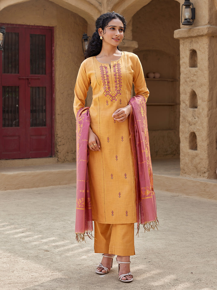 Marigold Hue Woven Cotton Suit Set