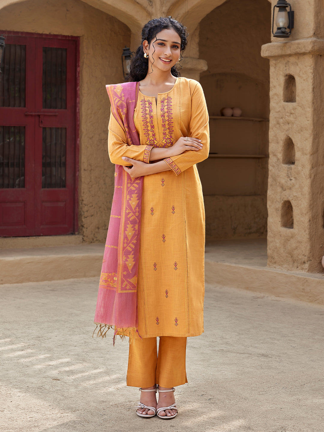 Marigold Hue Woven Cotton Suit Set