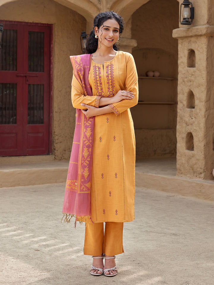 Marigold Hue Woven Cotton Suit Set