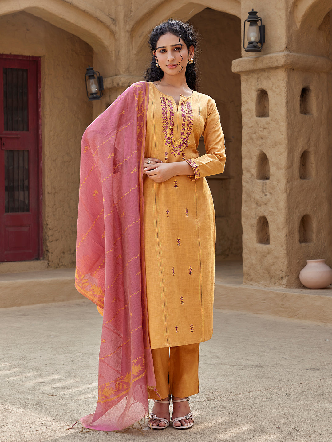 Marigold Hue Woven Cotton Suit Set