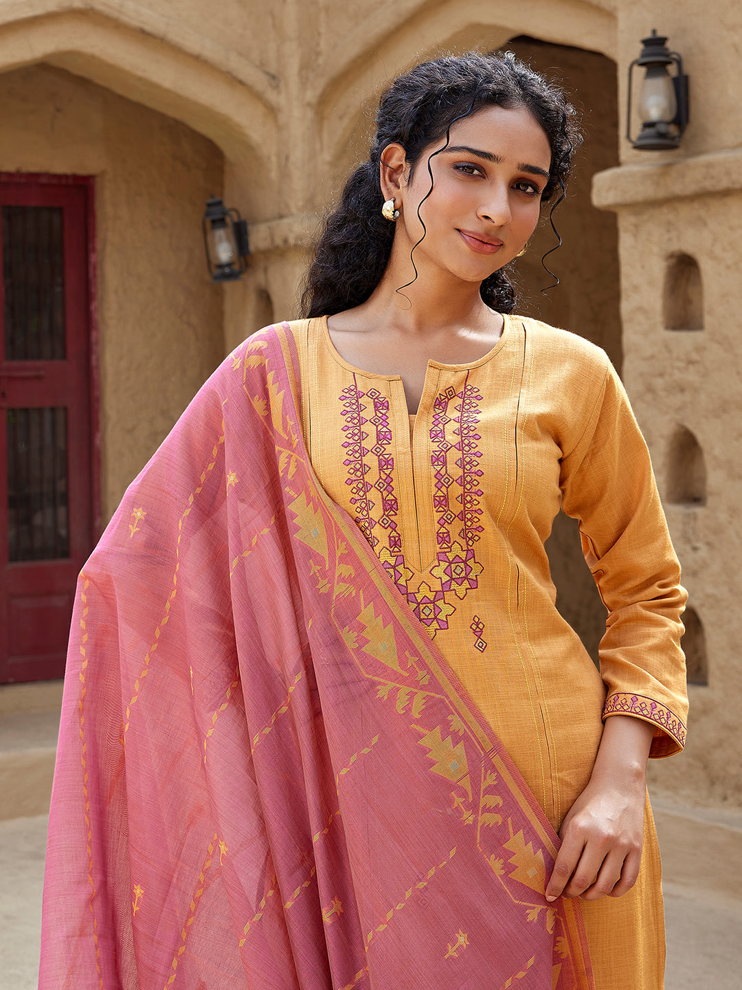 Marigold Hue Woven Cotton Suit Set
