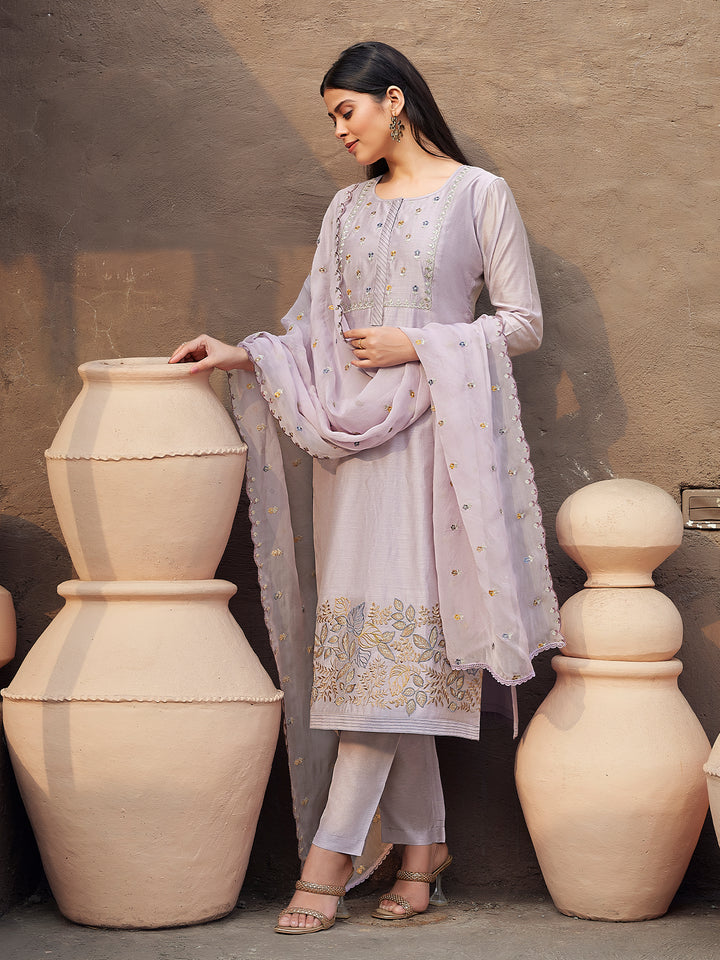 Lavender Silk Blend Suit Set with Dupatta