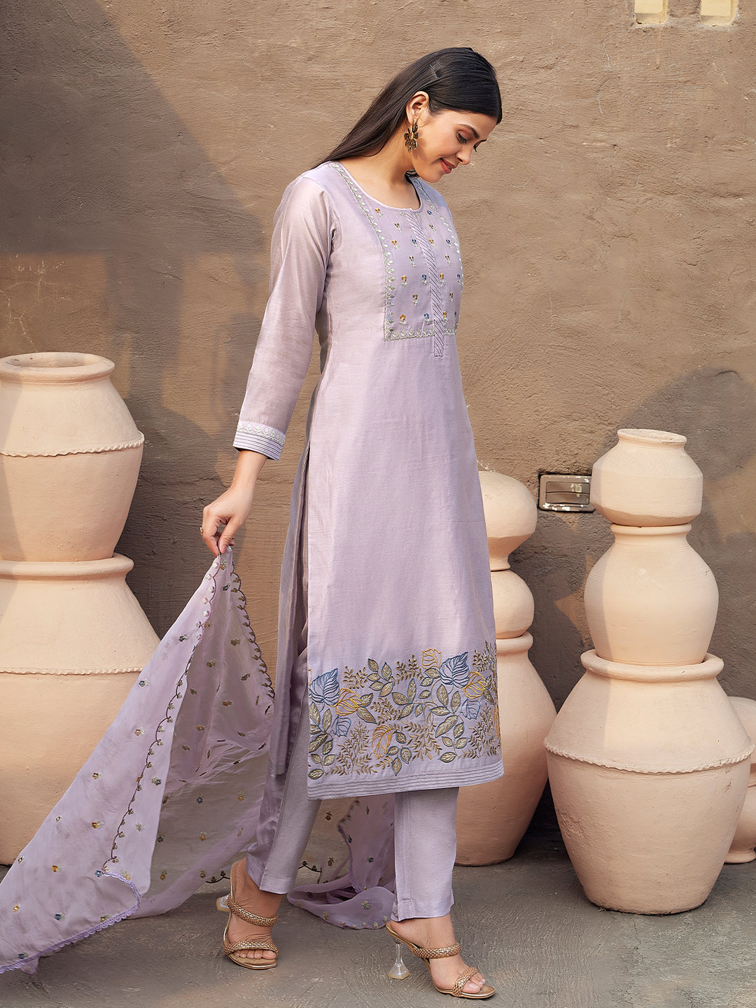 Lavender Silk Blend Suit Set with Dupatta