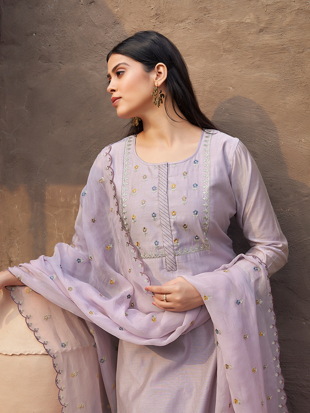 Lavender Silk Blend Suit Set with Dupatta