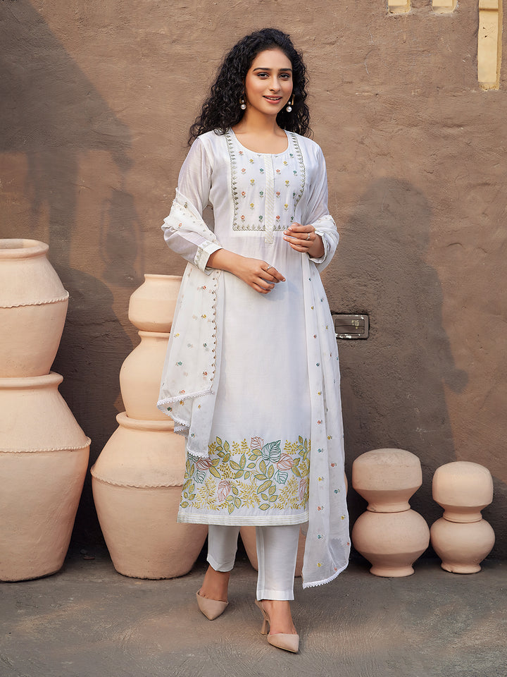 White Silk Blend Suit Set with Dupatta
