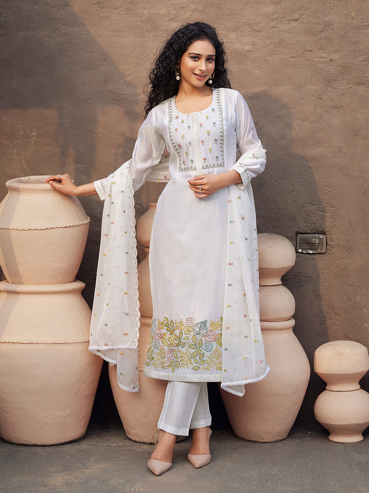 White Silk Blend Suit Set with Dupatta